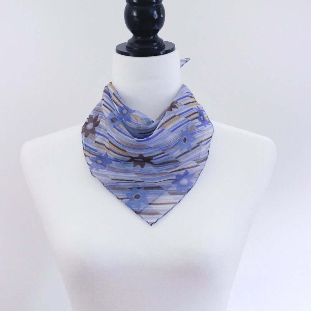 Vintage Floral Scarf, Purple Periwinkle Blue and Brown, Small Square Sca…
